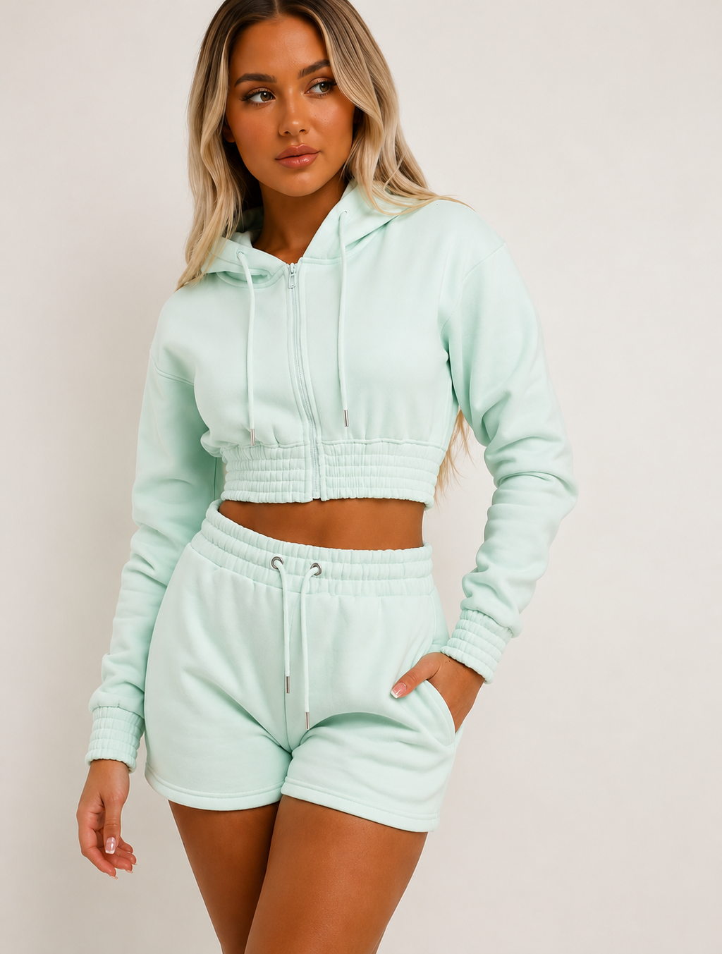 Mint Cropped Hoodie & Shorts Co-Ord Set